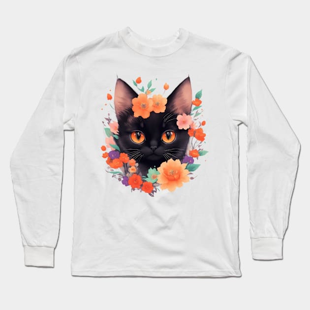 Midnight Meow: Cute Black Kitten and Vintage Floral Charm Long Sleeve T-Shirt by VIBRANZIO